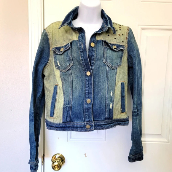 DKNY Jeans 2 Tone Short Denim Jacket Studded Pockets Long Sleeve Button Size M - Picture 1 of 11